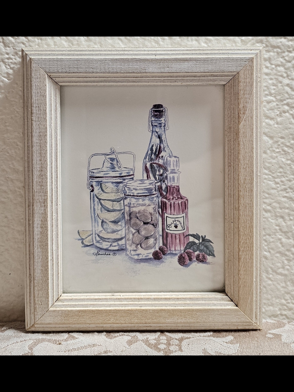 VTG Mini Watercolor Still Life Art Print In Whitewashed Wood Frame Artist Signed - Picture 1 of 6